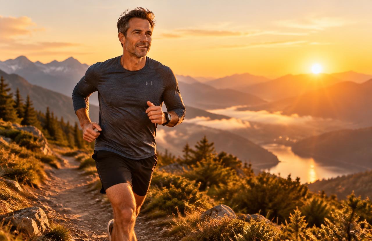 Energetic man running at sunrise